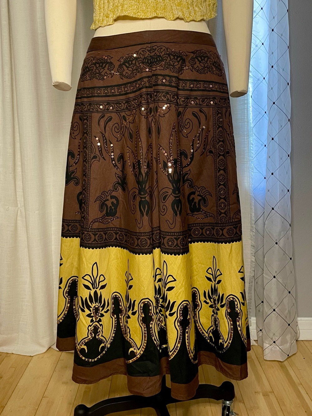🥥🍌Edward - 100% Cotton Yellow & Brown Sequin Boho Maxi Skirt Size M